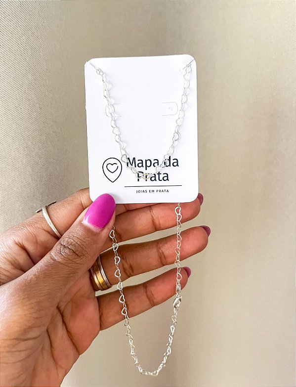 Corrente Elos de Coração em Prata 925