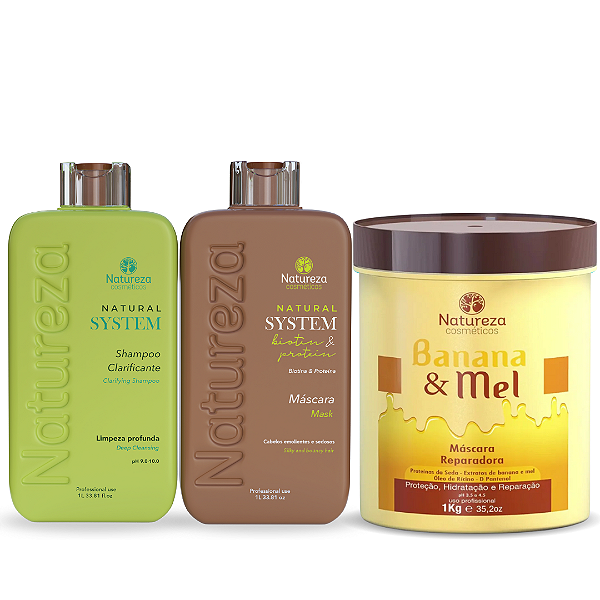 Kit Natural System de Biotina 1L + Máscara de Banana e Mel 1Kg - Natureza Cosméticos