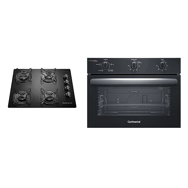 Cooktop 4 Bocas Continental a Gás de Vidro Temperado Preto + Forno de Embutir Elétrico Continental 50L com TOPLimpaFácil (KC4GP+OC4EM)