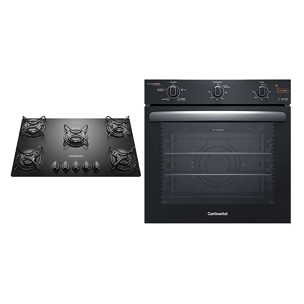 Cooktop 5 Bocas Continental a Gás de Vidro Temperado Preto + Forno de Embutir Elétrico Continental 80L com TOPLimpaFácil (KC5GP+OC8EM)