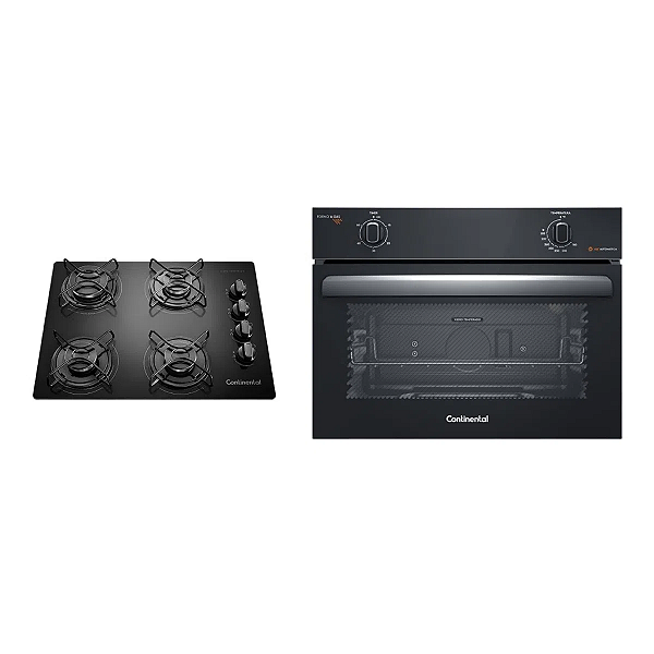 Cooktop 4 Bocas Continental a Gás de Vidro Temperado Preto + Forno de Embutir a Gás Continental 50L com TOP Limpa Fácil (KC4GP+OC4GM)