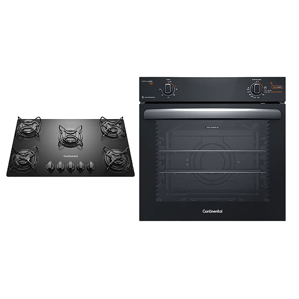 Cooktop 5 Bocas Continental a Gás de Vidro Temperado Preto + Forno de Embutir a Gás Continental 80L com TOPLimpaFácil (KC5GP+OC8GM)