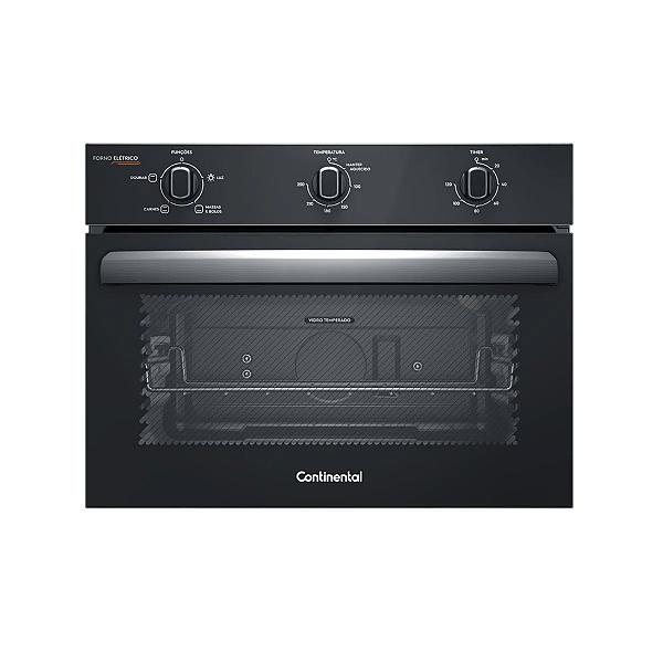 Cooktop 4 Bocas Continental a Gás de Vidro Temperado Preto + Forno de Embutir Elétrico Continental 50L com TOPLimpaFácil (KC4GP+OC4EM)