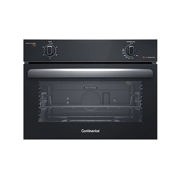 Cooktop 4 Bocas Continental a Gás de Vidro Temperado Preto + Forno de Embutir a Gás Continental 50L com TOPLimpaFácil (KC4GP+OC4GM)