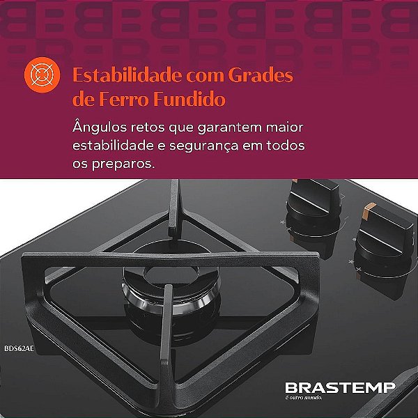 Cooktop Brastemp 4 Bocas a Gás, Grades de Ferro Fundido e Chamas Especiais - BDS62AE
