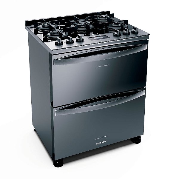 Fogão Brastemp 5 Bocas Duplo Forno Cor Inox com Mesa de Vidro e Touch Timer com Autodesligamento - BFD5VCR