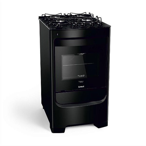 Fogão Consul 4 Bocas Preto com Mesa de Vidro e Grades Individuais Super Estáveis - CFO4VBE