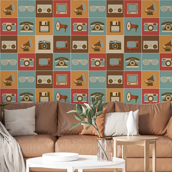 Papel de Parede Adesivo Vinil Quarto Retrô Câmera Telefones