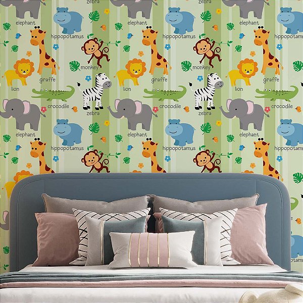 Papel de Parede Adesivo Vinil Lavável Quarto Safari Animais Bebê