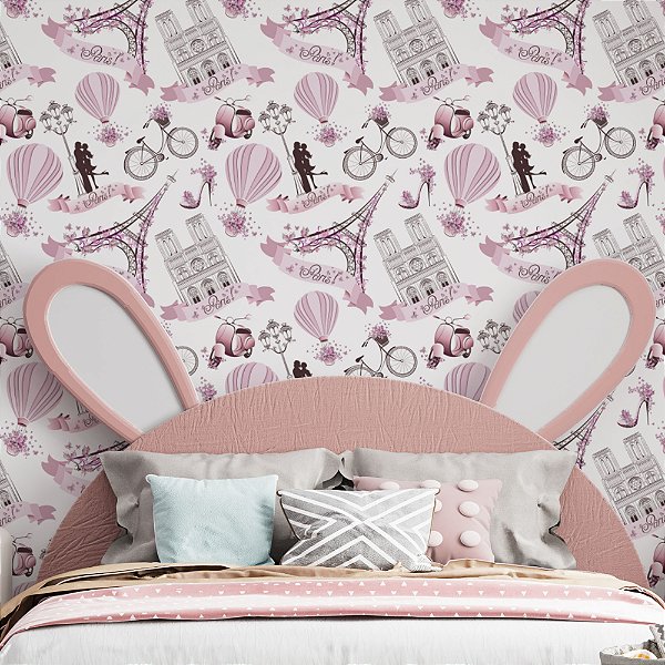 Papel de Parede Adesivo Vinil Lavável Quarto Menina Rosa Paris Romantico