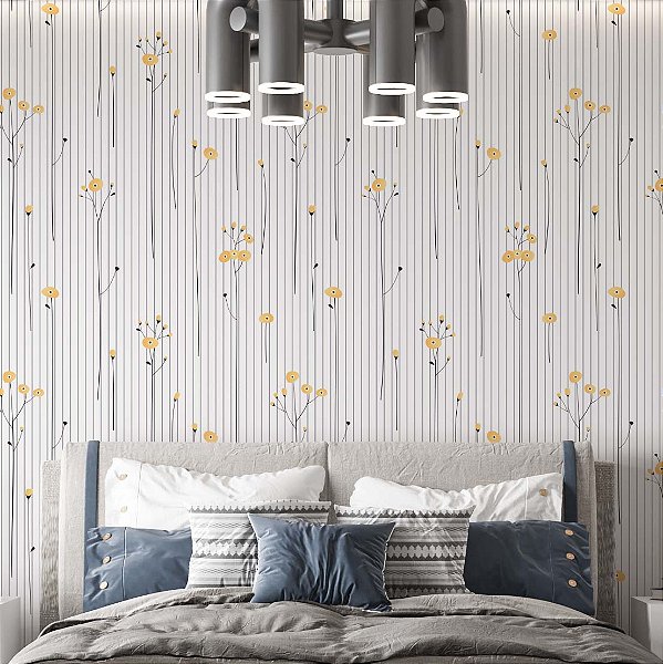 Papel de Parede Adesivo Vinil Quarto Infantil Sala Floral Amarelo Listras