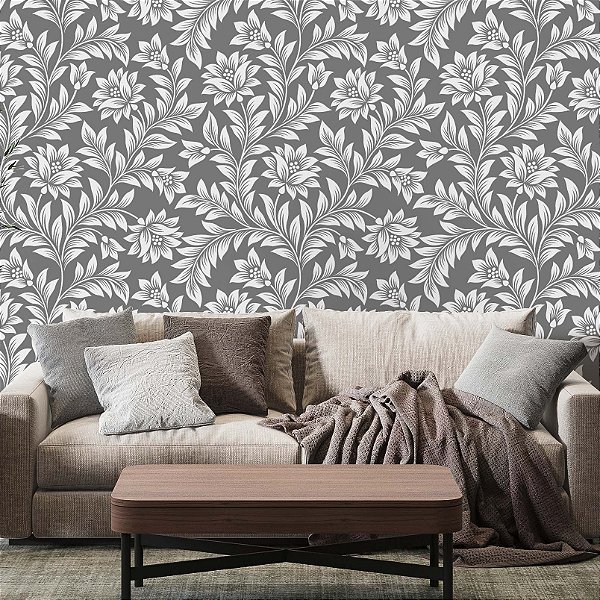 Papel de Parede Adesivo Vinil Quarto Sala Cinza Provençal Floral Elegante