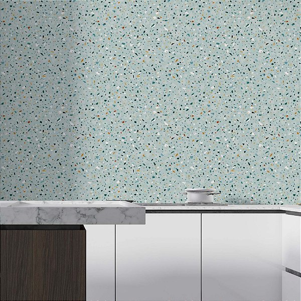 Papel de Parede Adesivo Vinil Cozinha Quarto Terrazzo Granilite Turquesa Colorido