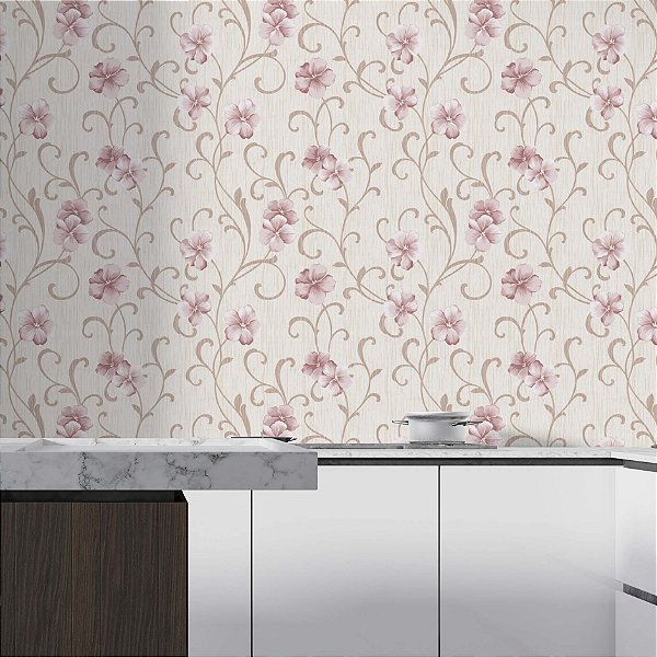 Papel de Parede Adesivo Vinil Autocolante Sala Cozinha Floral Rosa Linho