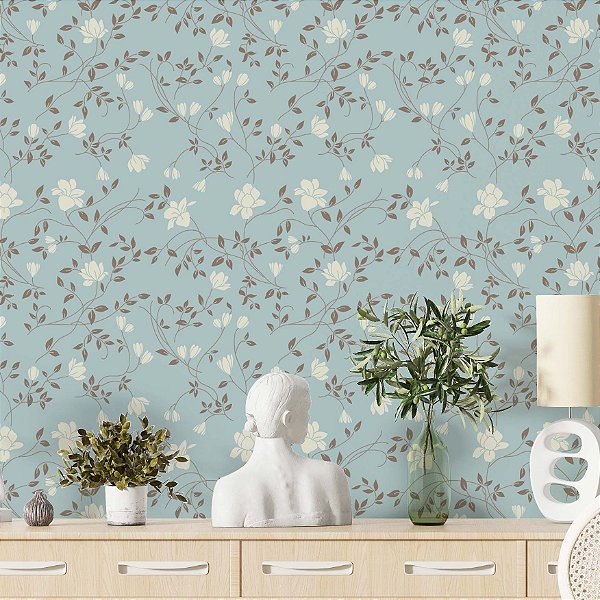 Papel de Parede Adesivo Vinil Quarto Flor Branco Azul Bebê