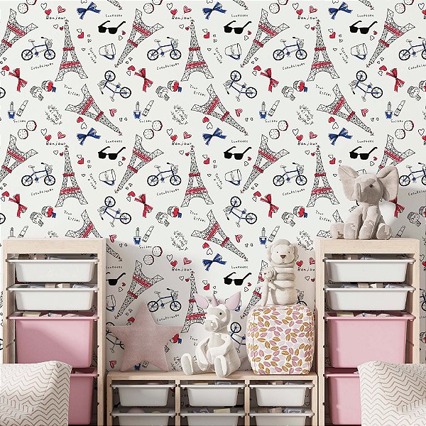 Papel de Parede Adesivo Vinil Lavável Quarto Menina Torre Eiffel França Vintage