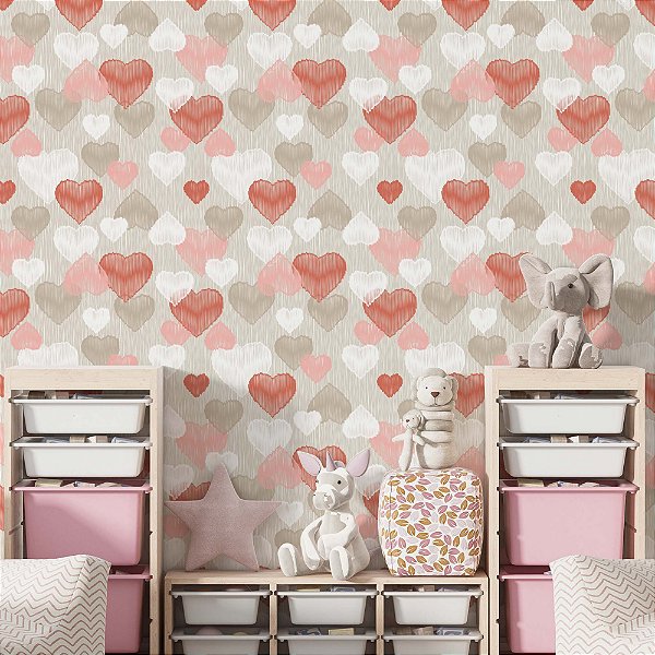 Papel de Parede Adesivo Vinil Lavável Sala Coração Linho Bege Rosa Vermelho