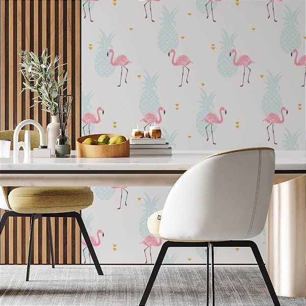 Papel de Parede Adesivo Vinil Flamingos e Abacaxis Rosa Turquesa Quarto Cozinha