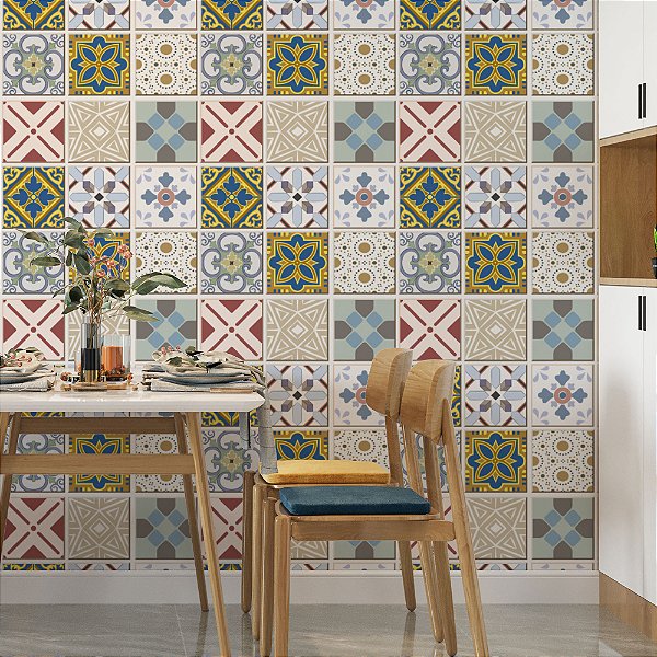Papel de Parede Autocolante Lavável Azulejo Português Colorido Cores Vintage Cozinha
