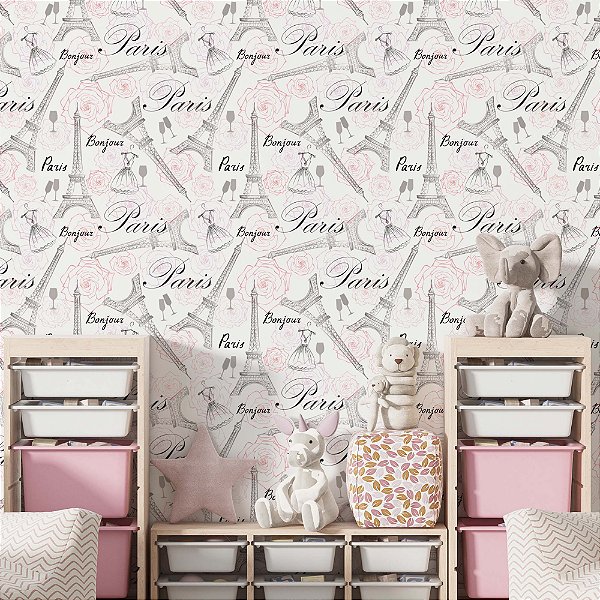 Papel de Parede Adesivo Vinil Lavável Torre Eiffel Rosa Elegante Teen Quarto