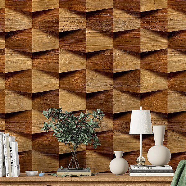 Papel de Parede Adesivo Vinil Lavável Madeira Geométrico 3D Sala Quarto Cozinha