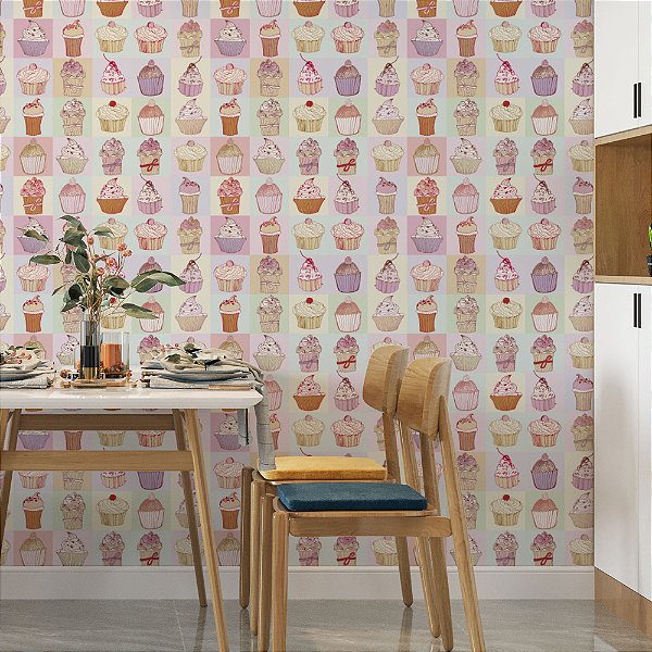Papel de Parede Adesivo Vinil Lavável Cupcakes Colorido Doce Cozinha Varanda Gourmet Copa