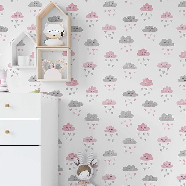Papel de Parede Adesivo Vinil Lavável Nuvem Chuva Rosa Roxo Fofo Quarto Infantil Menina