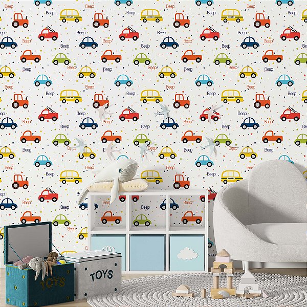 Papel de Parede Adesivo Vinil De Sala Beep Carrinho Colorido