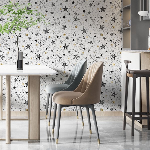 Papel de Parede Adesivo Vinil De Sala Estrela Dourado Preto