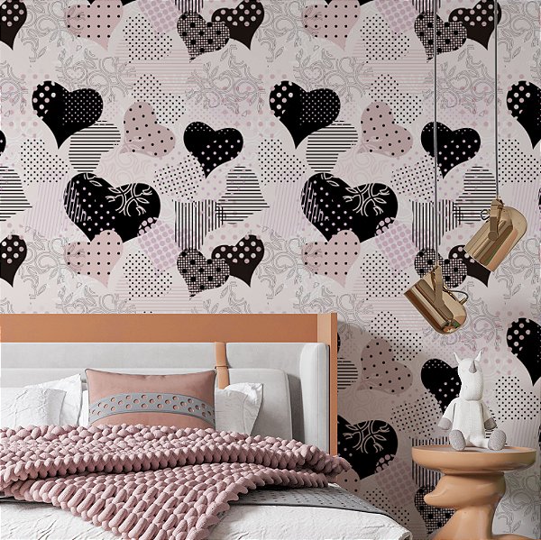 Papel de Parede Adesivo Vinil De Quarto Corações Rosa Preto