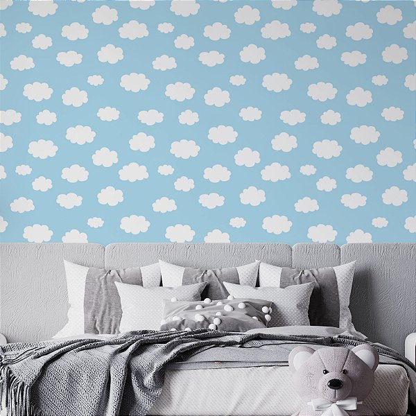 Papel de Parede Adesivo Vinil Quarto Bebê Céu Azul Nuvens Fofo