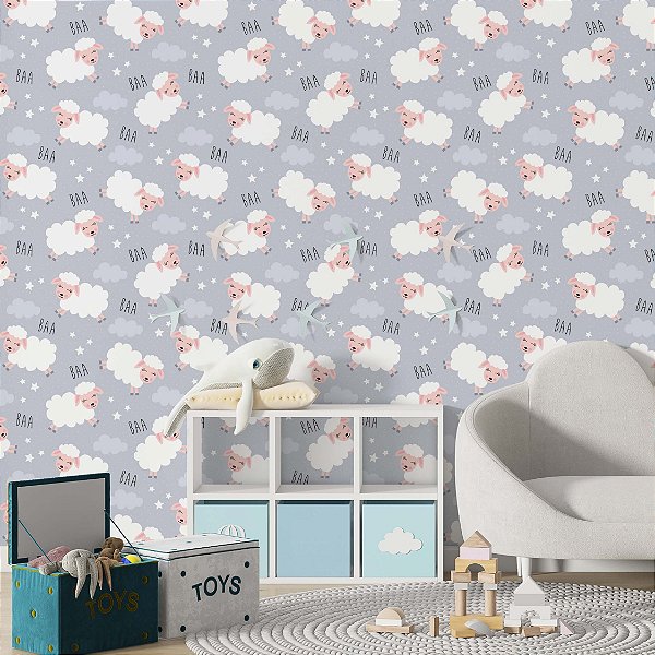 Papel de Parede Adesivo Vinil Ovelhinha Cinza Fofo Bebê Quarto