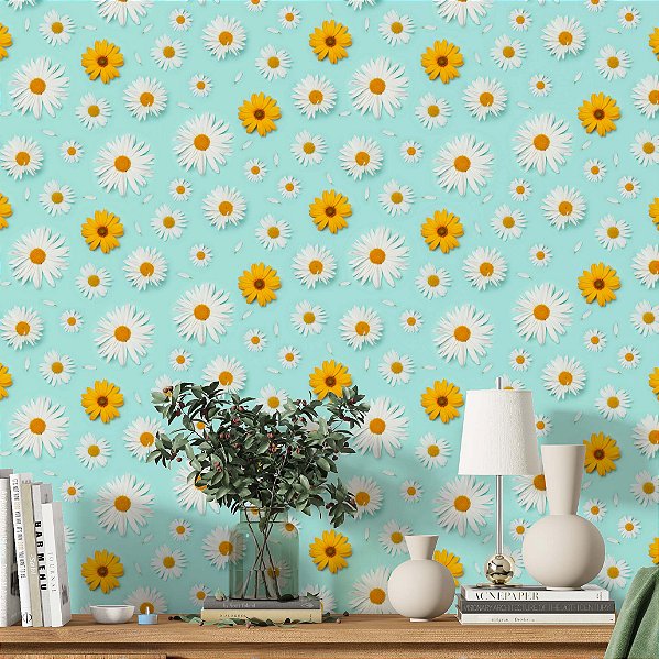 Papel de Parede Adesivo Vinil Flor Margaridas Jardim Turquesa Sala Quarto Cozinha