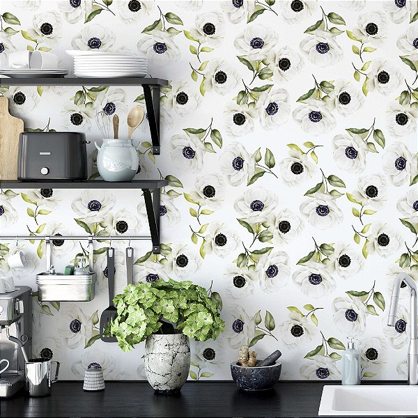 Papel de Parede Adesivo Vinil Floral Papoulas Branco Vintage Cozinha Sala