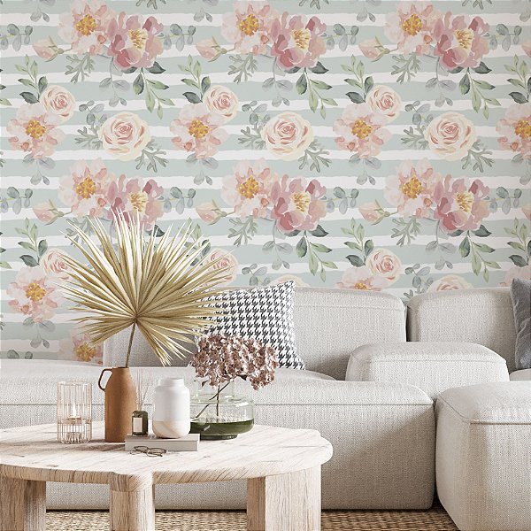 Papel de Parede Adesivo Vinil Listras Azul Flor Rosa Sala Quarto