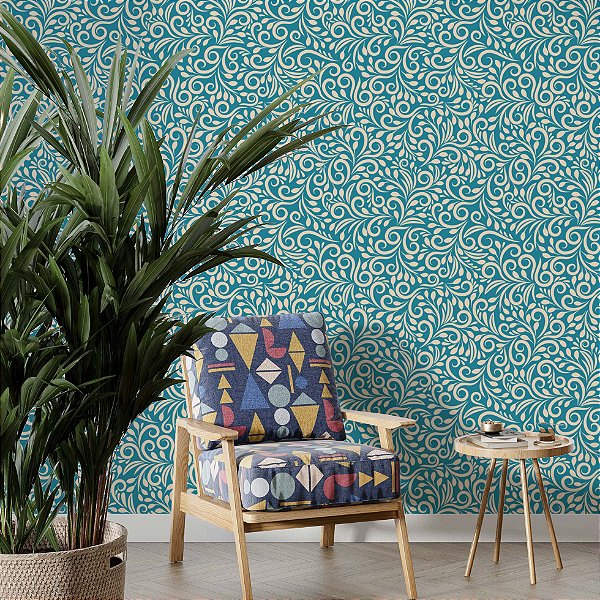 Papel de Parede Adesivo Vinil Arabesco Azul Branco Quarto Sala Banheiro Lavabo