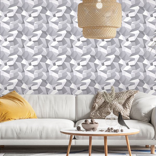Papel de Parede Adesivo Vinil Géométrico Forma 3D Cinza e Branco Sala Quarto