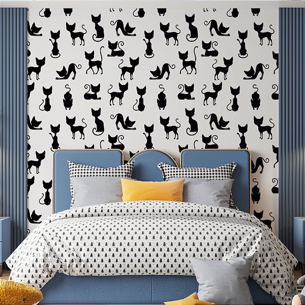 Papel de Parede Adesivo Vinil Gatinho Cat Preto Fofo Quarto Sala