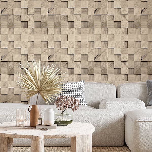 Papel de Parede Adesivo Vinil Cubos Madeira Natural 3D Sala Quarto