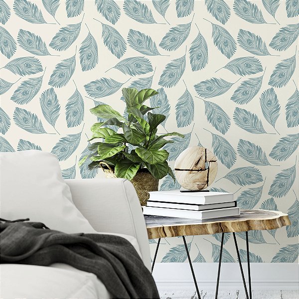 Papel de Parede Adesivo Vinil Penas De Pavão Verde Acqua Sala Quarto