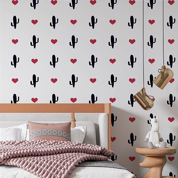 Papel de Parede Adesivo Vinil Cacto E Coração Teen Quarto Infantil Meninas