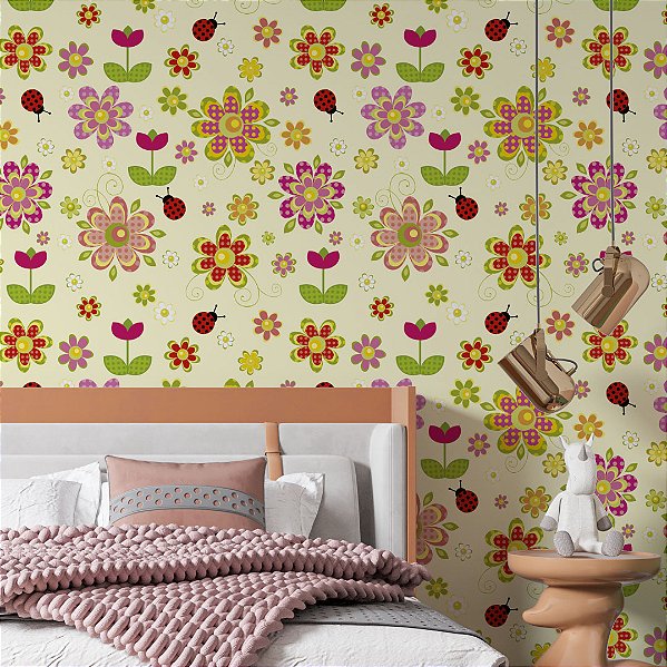 Papel de Parede Adesivo Vinil Flor Joaninha Colorido Sala Quarto Bebe