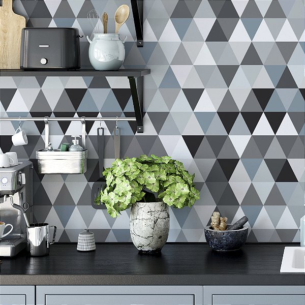 Papel de Parede Adesivo Vinil Triangulo Azul E Cinza Sala Quarto Cozinha