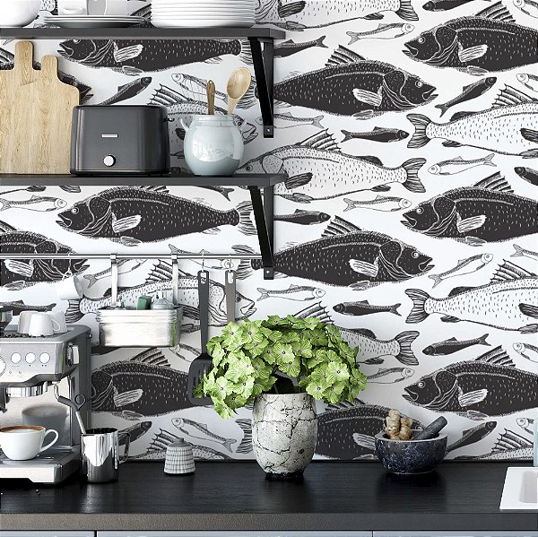 Papel de Parede Adesivo Vinil Peixe Pescaria Desenho Cozinha Varanda Gourmet