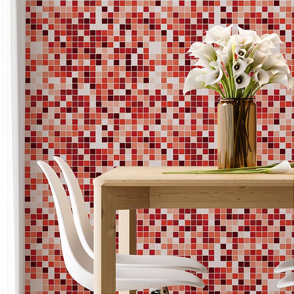 Papel de Parede Adesivo Vinil Pastilhas Vermelhas Vintage Cozinha Banheiro Lavabo