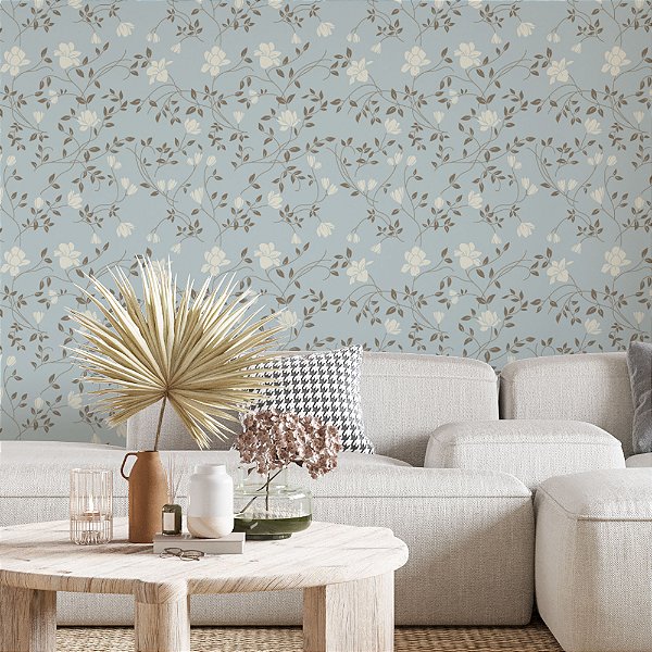 Papel de Parede Adesivo Vinil Flores Branca Azul Bebê  Salaintage Sala Cozinha Quarto