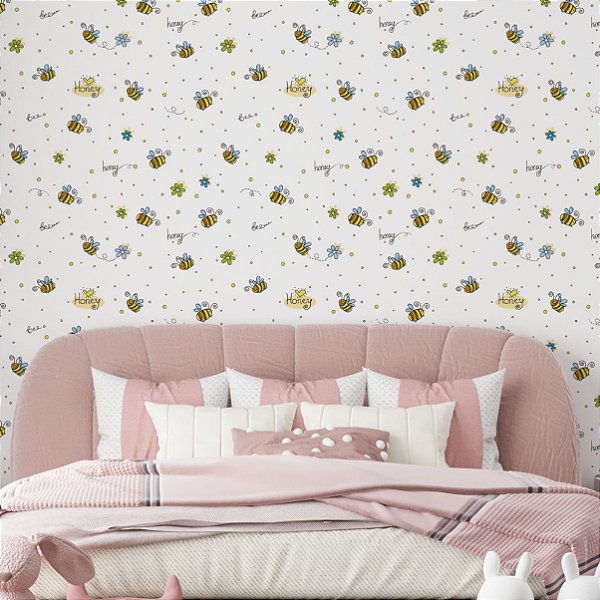 Papel de Parede Adesivo Vinil Bebês Abelhinhas Mel Fofo Quarto Infantil