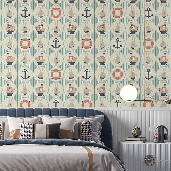 Papel de Parede Adesivo Vinil Coelho Marinheiro Âncora Vintage Quarto Bebe