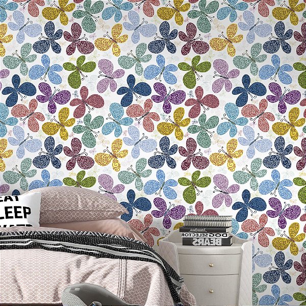Papel de Parede Adesivo Vinil Borboletas Colorida Glitter Quarto Menina Infantil