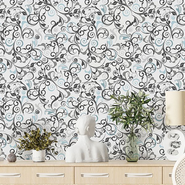 Papel de Parede Adesivo Vinil Arabesco Clássico Azul Cinza